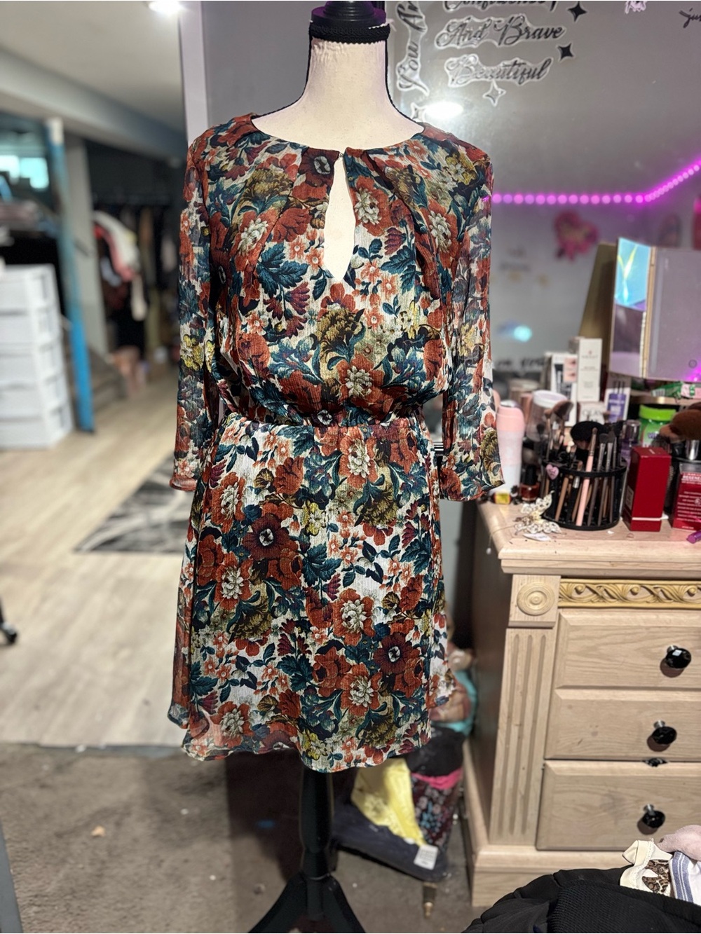 NWOT MNG Collection Multi-Color Floral 3/4 Sleeve Keyhole Dress